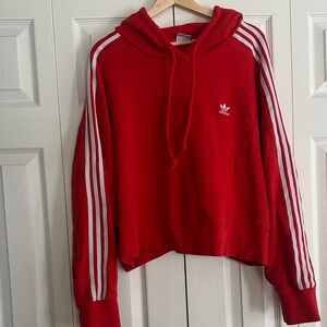 adidas Red Women's Hooded Cropped Sweatshirt with White Stripes